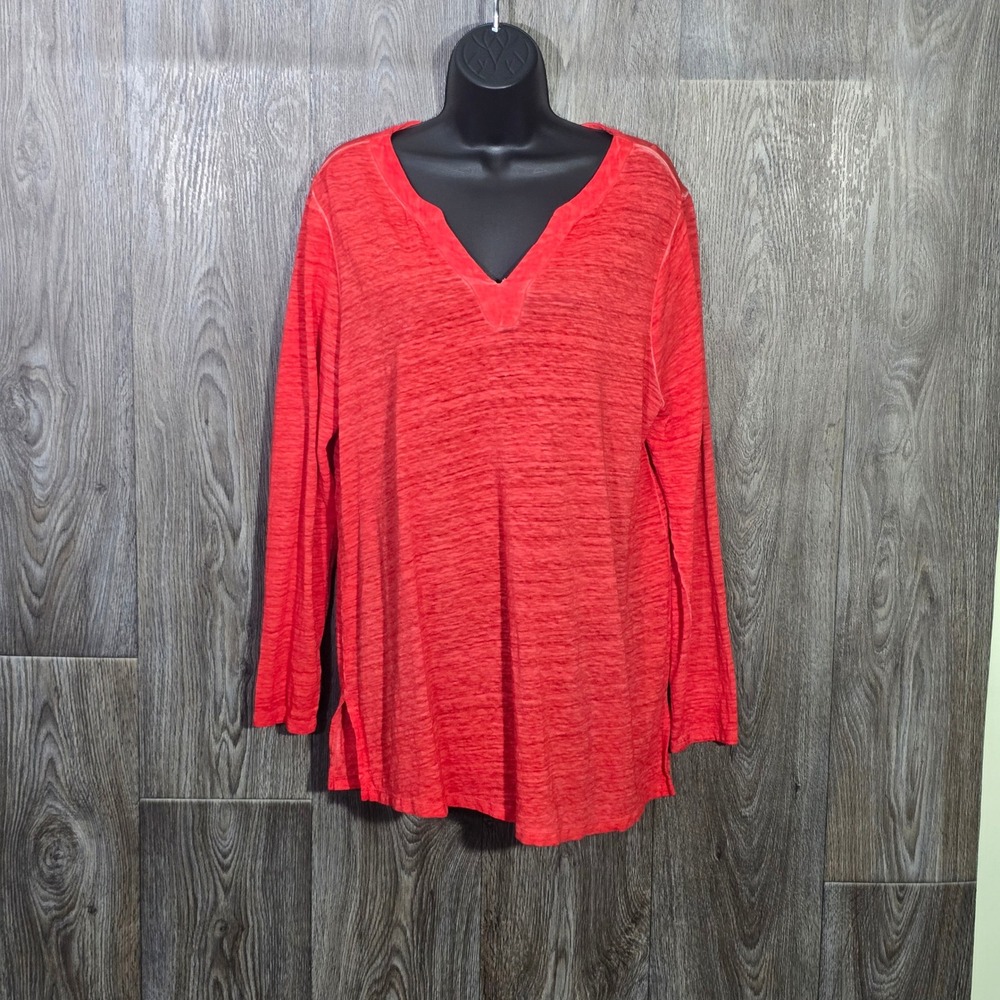 Chico's Tunic Top L/12-14 Coral Red‎ Slub Linen Long Sleeve V-Neck Casual Boho
